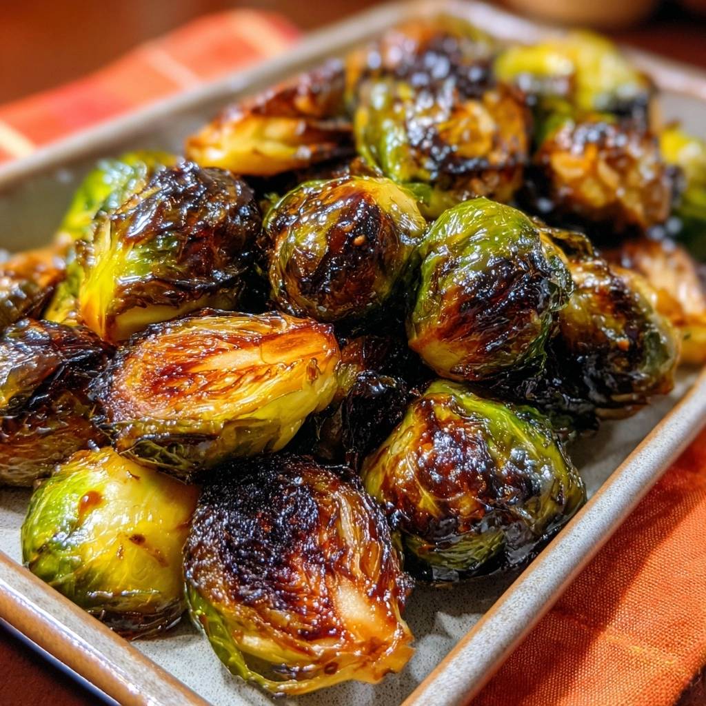 Crispy roasted Brussels sprouts filling a rectangular pan, showing their caramelized edges and vibrant green leaves.