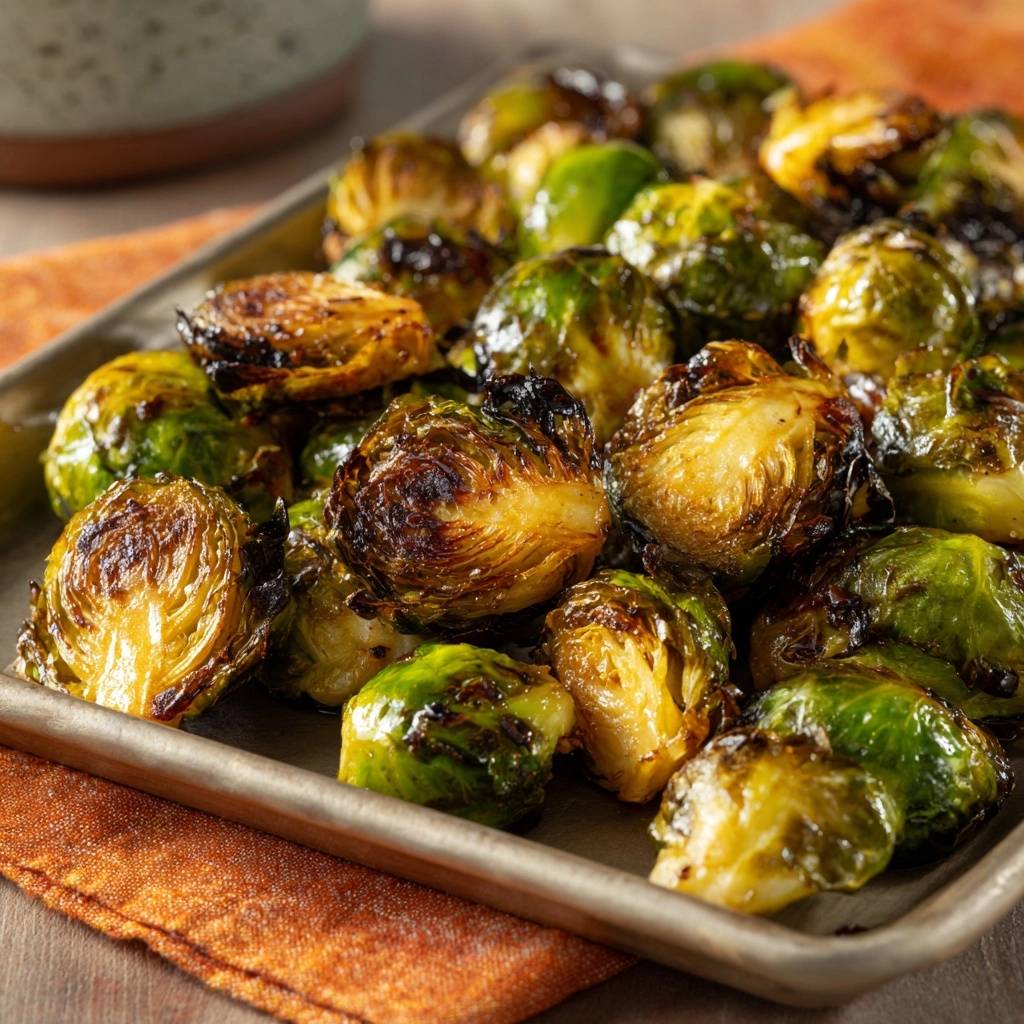 Crispy roasted Brussels sprouts on a baking tray, showcasing their caramelized edges and vibrant green leaves in a close-up view.