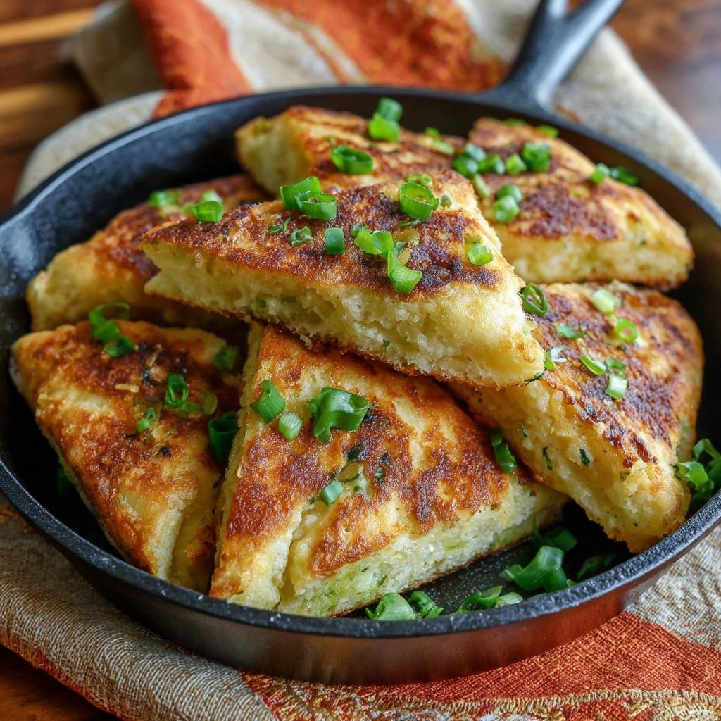 Crispy scallion pancakes with flaky layers, sliced to reveal their layered interior in a cast iron skillet.