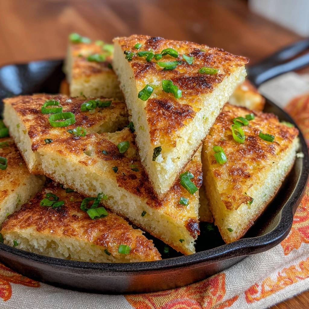 Crispy scallion pancakes with flaky layers, sliced and presented in a cast iron pan with a close-up view.