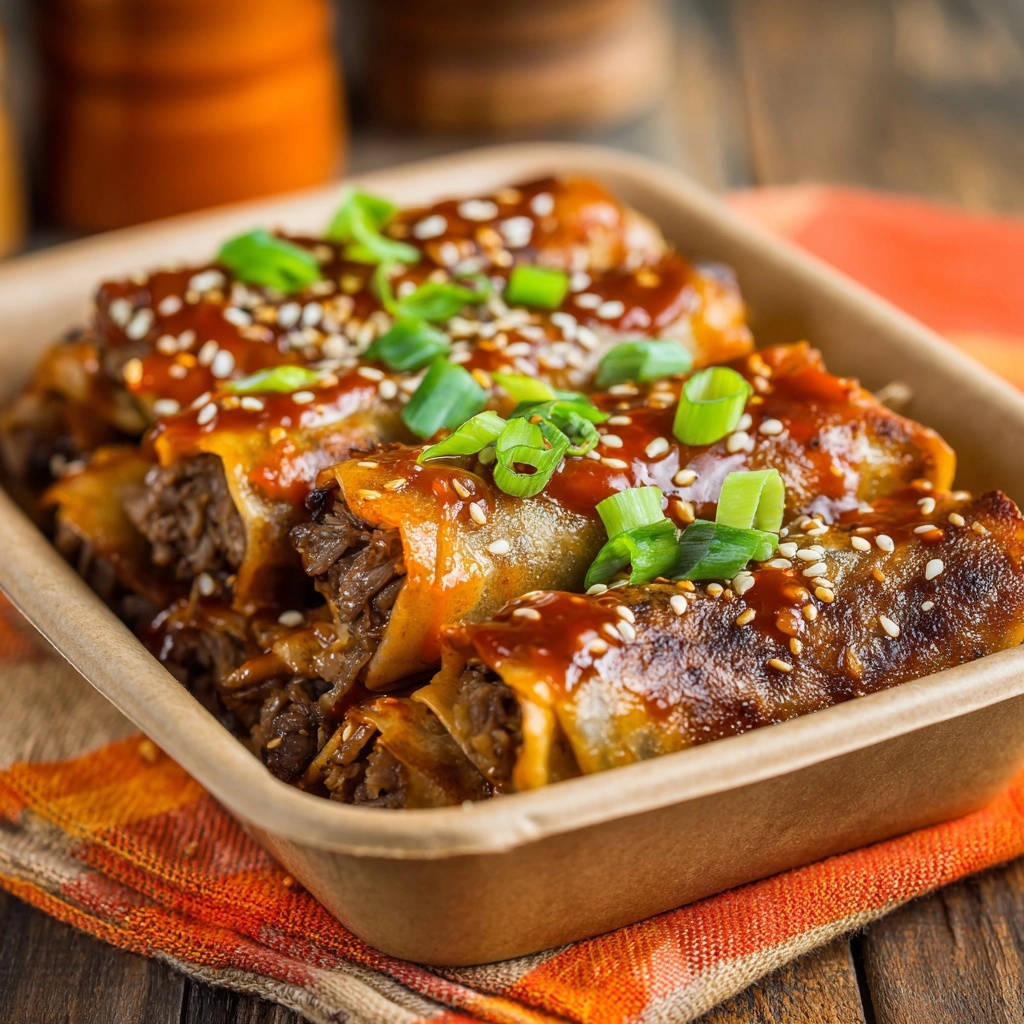 Crispy shredded beef spring rolls glazed with sauce and sprinkled with sesame seeds and green onions.