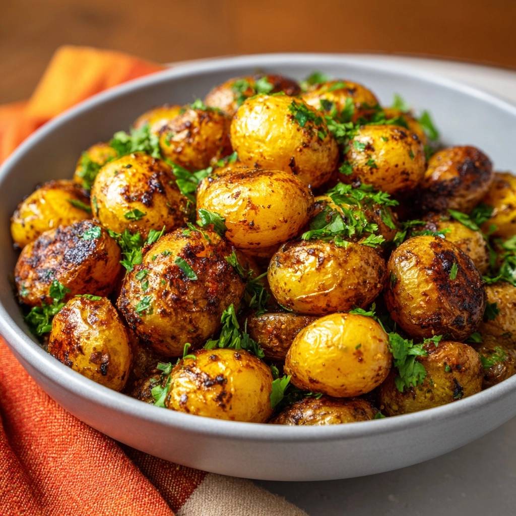 Crispy spiced baby potatoes piled high in a bowl, generously garnished with fresh green parsley.