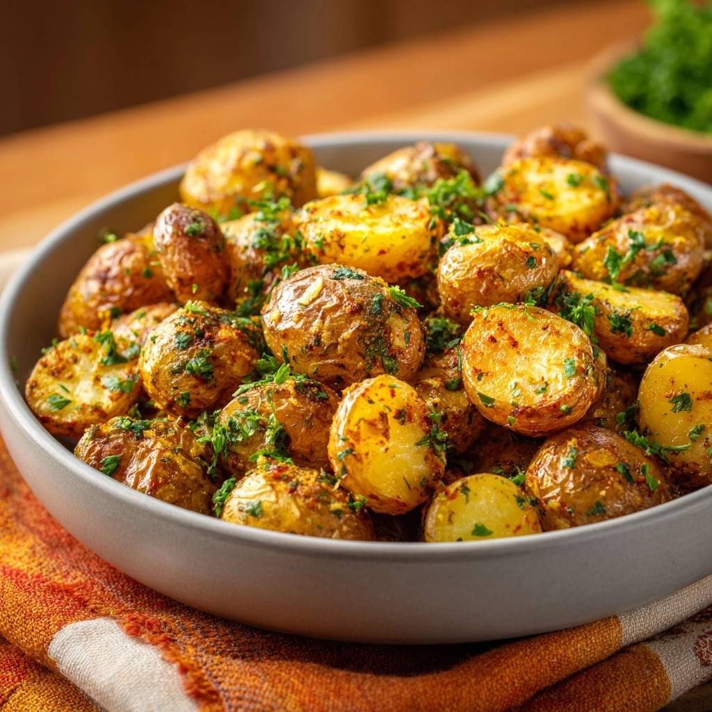 Crispy spiced baby potatoes served in a grey bowl, close-up view showing the roasted texture and fresh parsley garnish.