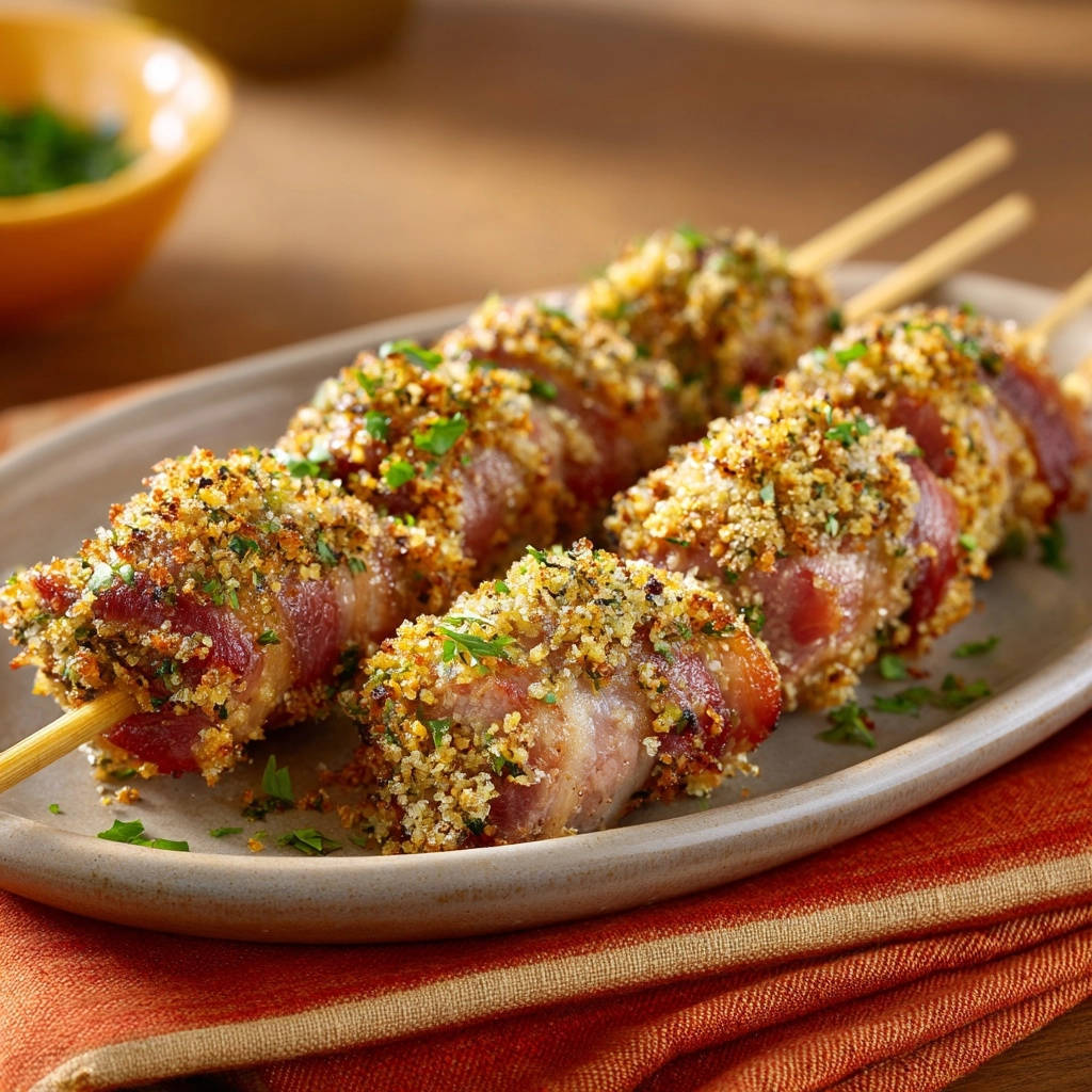 Crispy steak roll skewers coated in breadcrumbs and herbs, presented on skewers on a platter.