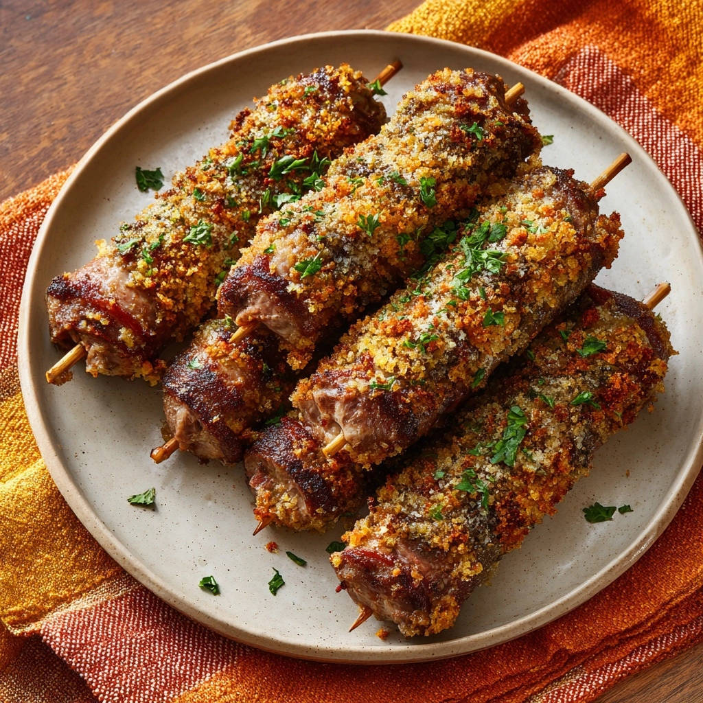 Crispy steak roll skewers plated overhead, showcasing a golden-brown breadcrumb coating and fresh parsley garnish.