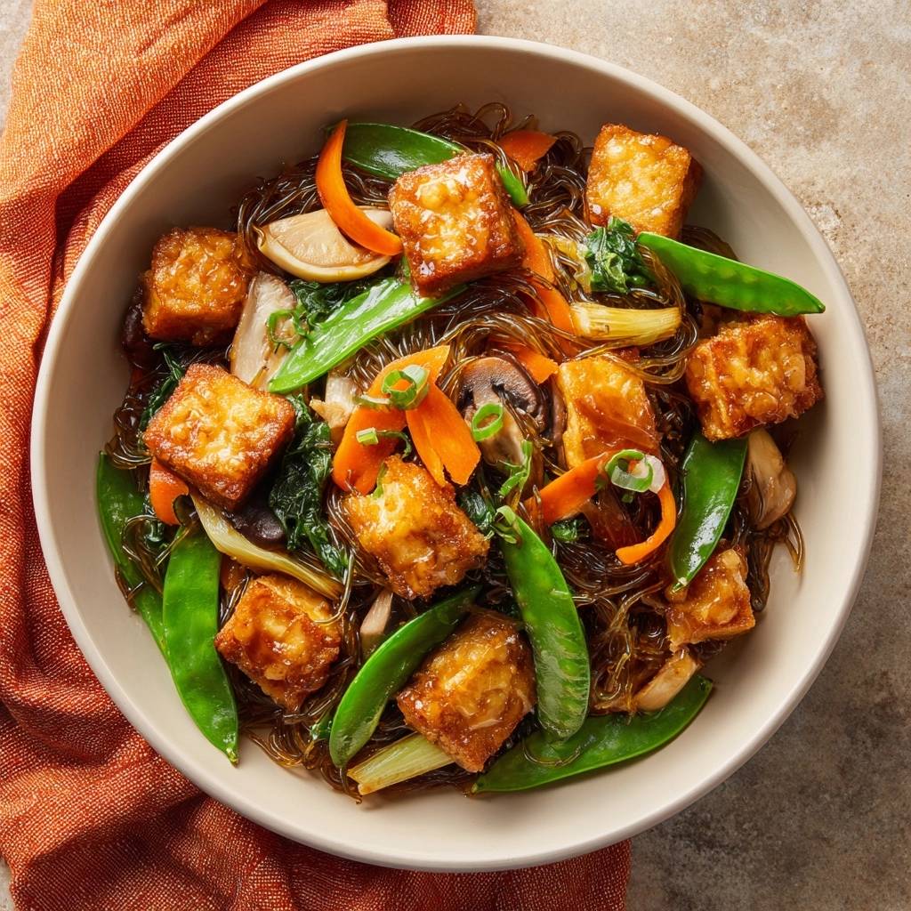Crispy tofu veggie glass noodle stir-fry served in a bowl, viewed from directly overhead.