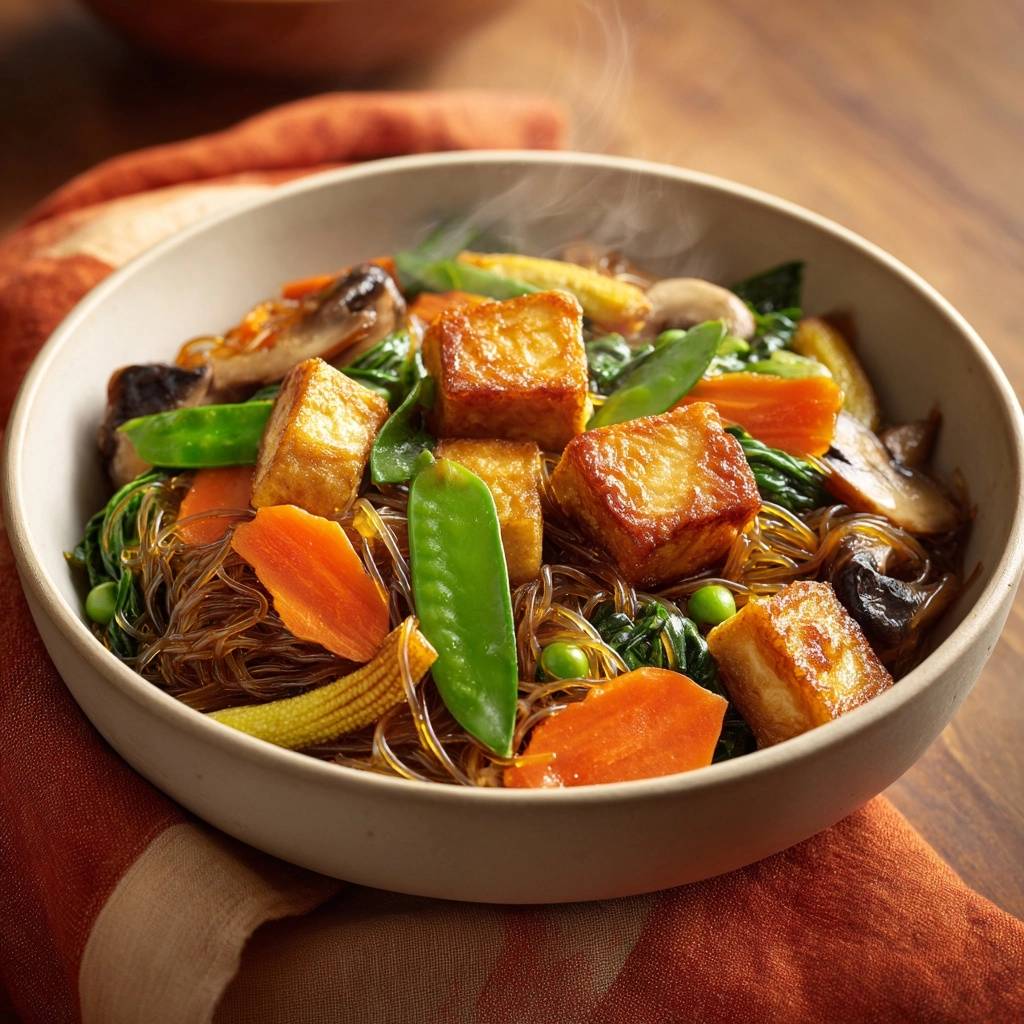 Crispy tofu veggie glass noodle stir-fry served steaming in a bowl with an overhead view of the colorful ingredients.