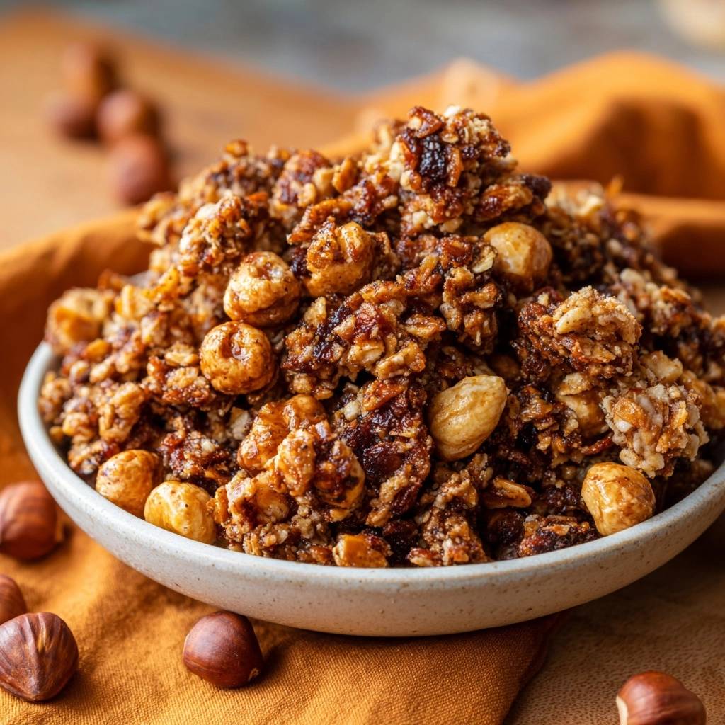Crunchy candied mixed nuts presented in a bowl, showcasing whole hazelnuts and caramelized clusters.