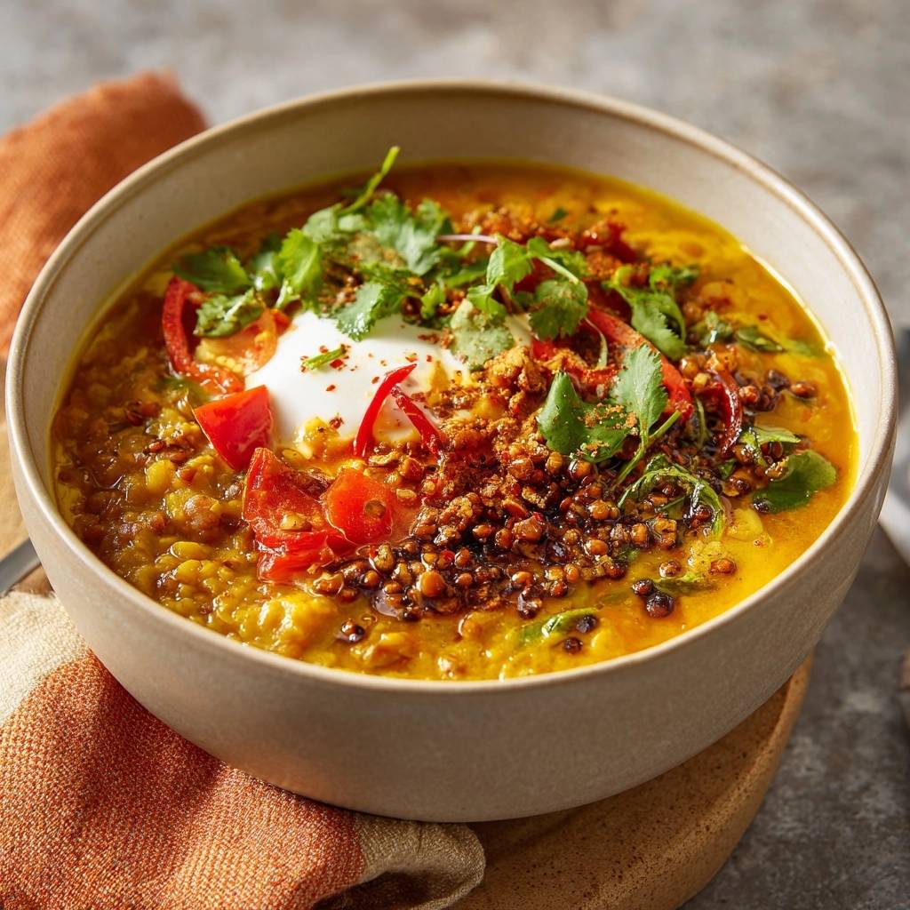 Dal Tadka garnished with a dollop of yogurt, fresh cilantro, and chili for bold flavor layers.