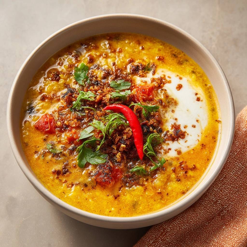Dal tadka garnished with fresh cilantro, a red chili pepper, and crunchy spices in a bowl.