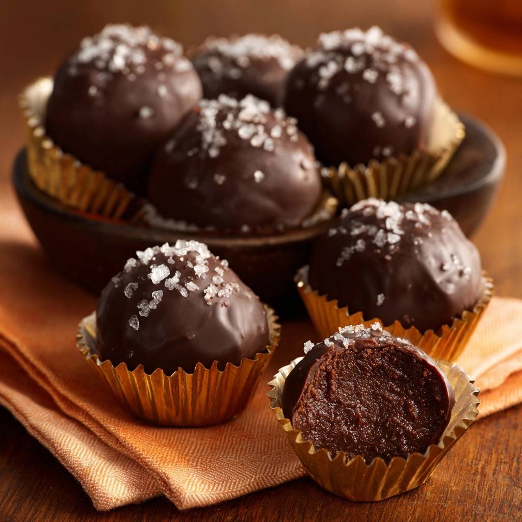 Dark Chocolate Sea Salt Truffles show a close-up cross-section revealing the silky ganache texture inside.