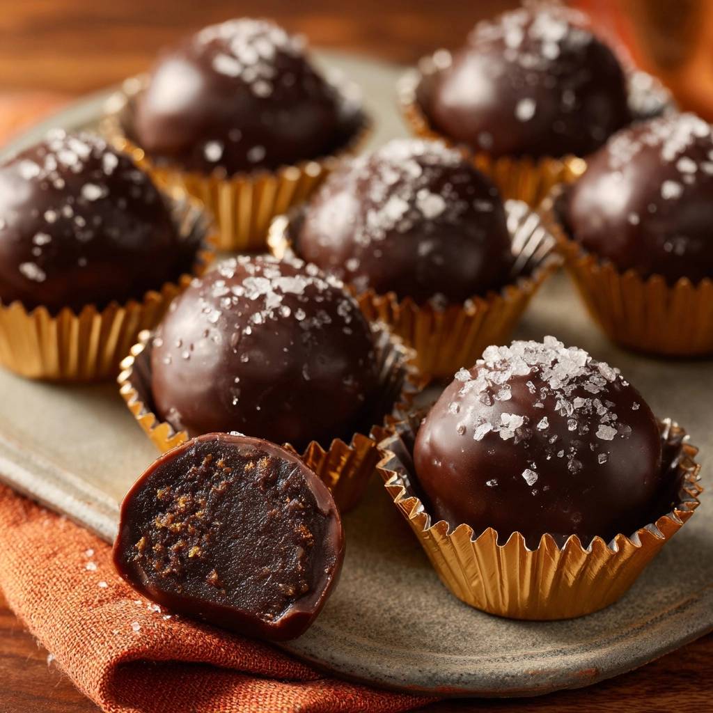 Dark chocolate sea salt truffles shown with a close-up cross-section revealing the rich ganache interior.