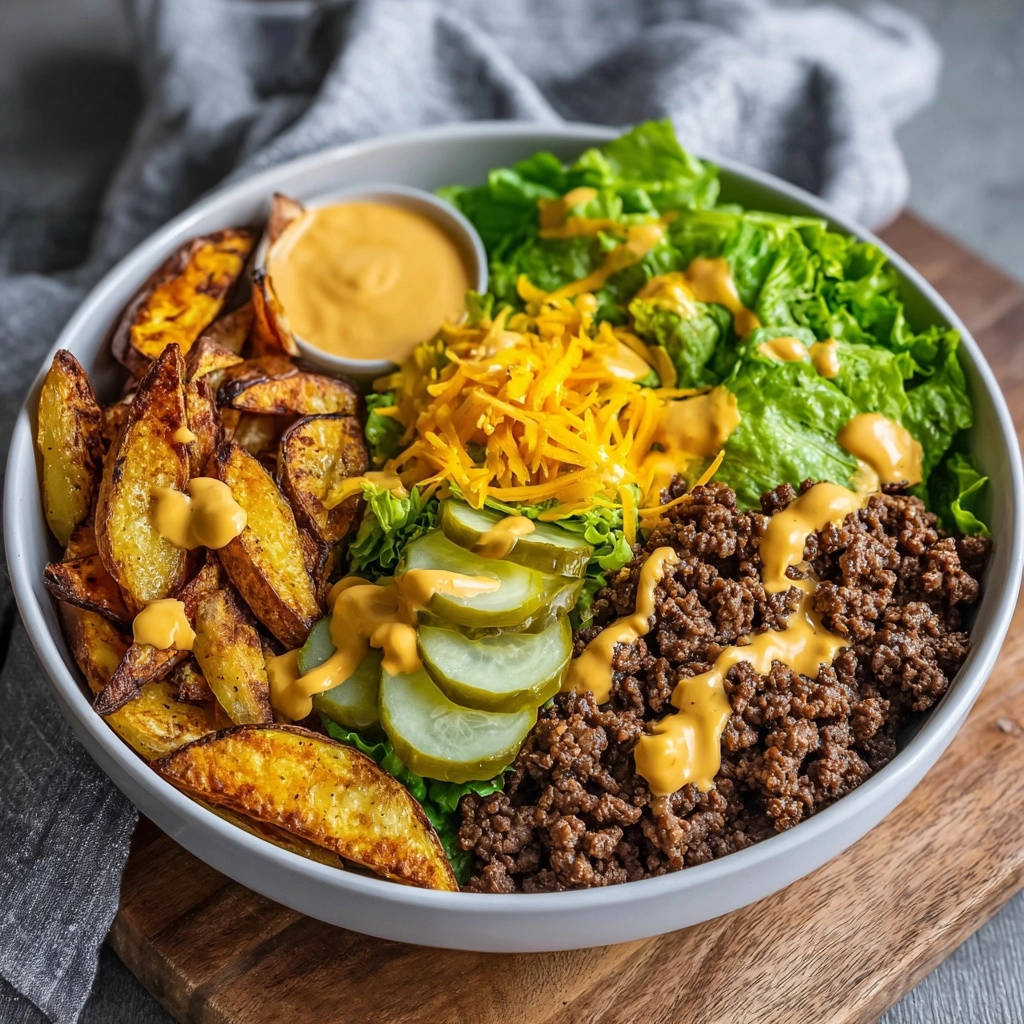Diner-style cheeseburger bowl with seasoned beef, potato wedges, lettuce, pickles, cheese and sauce drizzled from above.