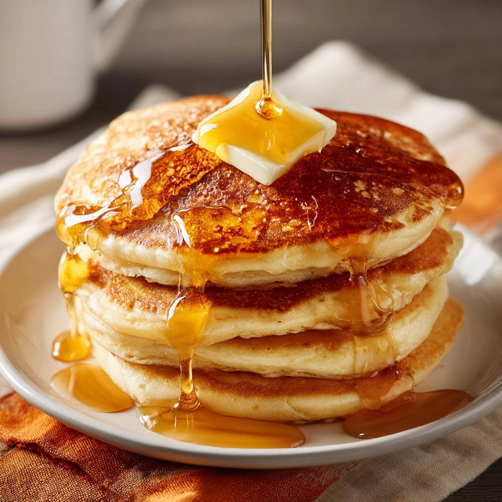 Diner-style fluffy pancakes stacked high, drizzled with maple syrup and topped with a pat of melting butter.