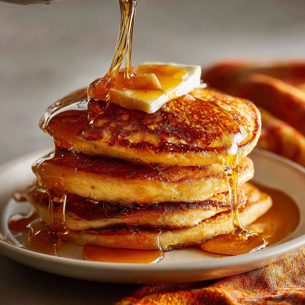 Diner-style fluffy pancakes with syrup drizzling over butter and a stack of golden-brown pancakes.