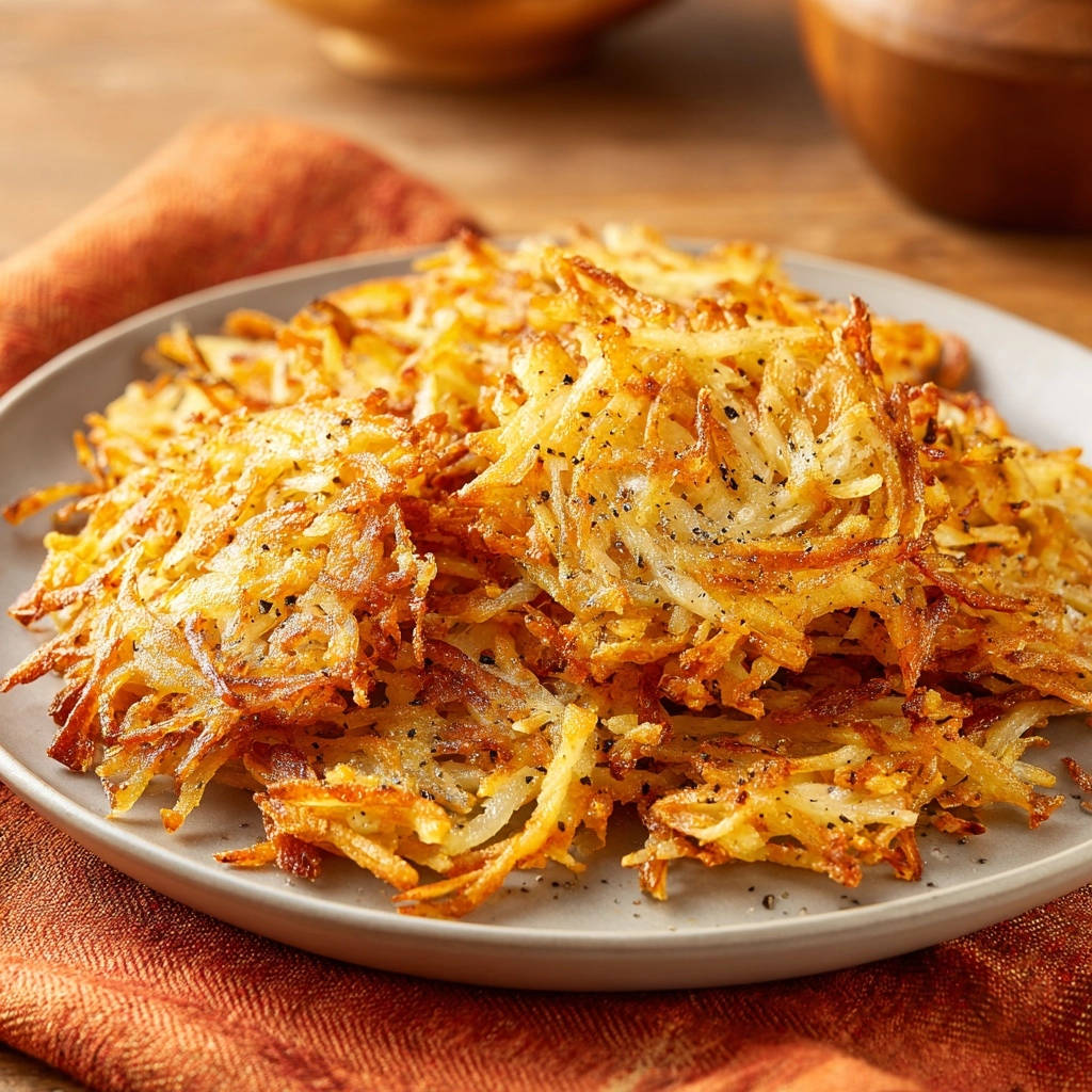 Diner-style hash browns piled high on a plate, showing a close-up view of their golden-brown, shredded texture.
