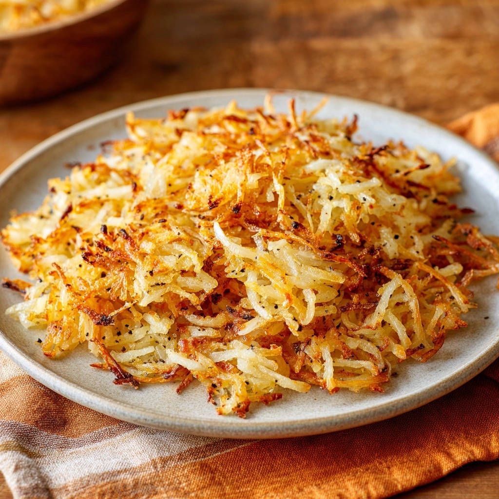 Diner-style hash browns plated on a light grey dish, showcasing a close-up view of their golden-brown, shredded potato texture.