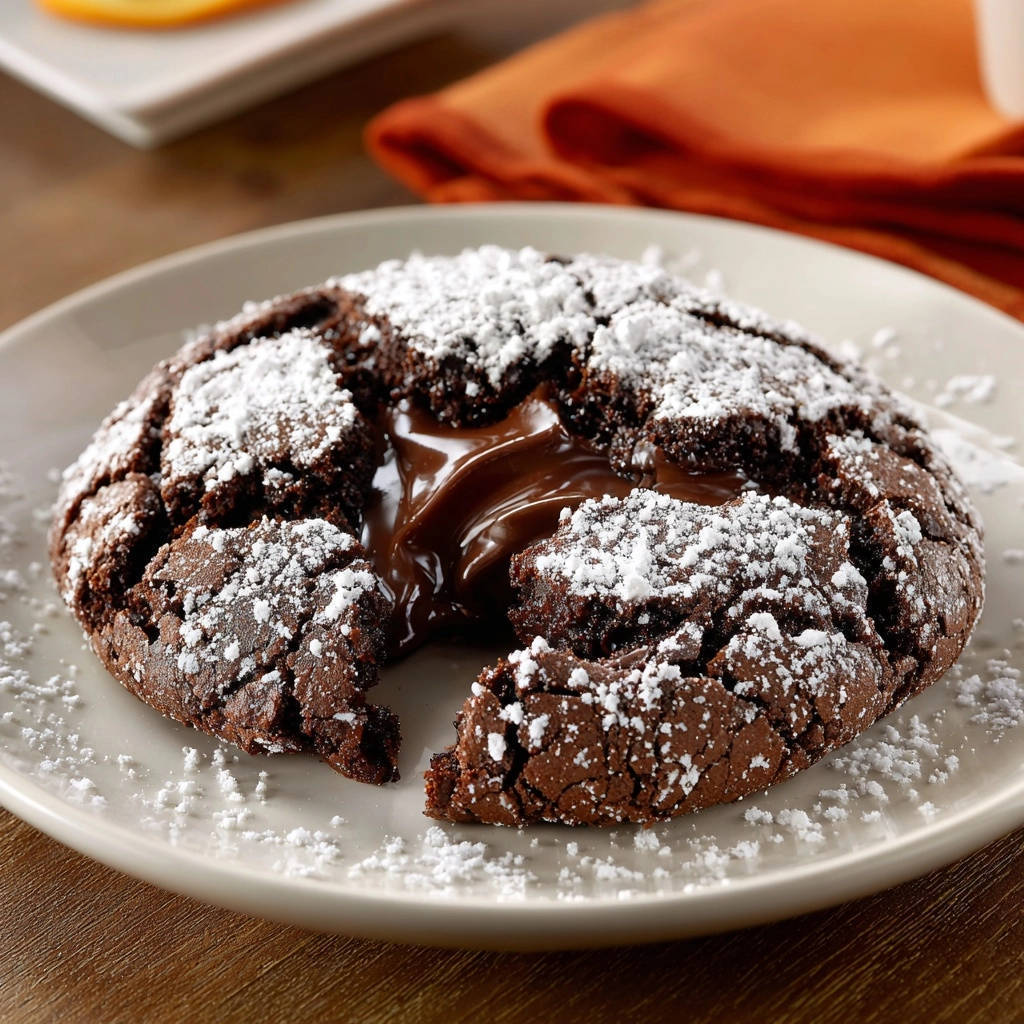Rich Double Chocolate S'mores Cookie with a gooey chocolate center, dusted with powdered sugar.
