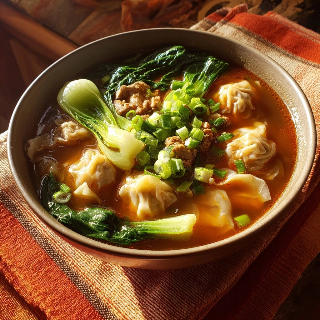 Easy wonton soup with bok choy shown in a close-up view of a steaming bowl filled with wontons.
