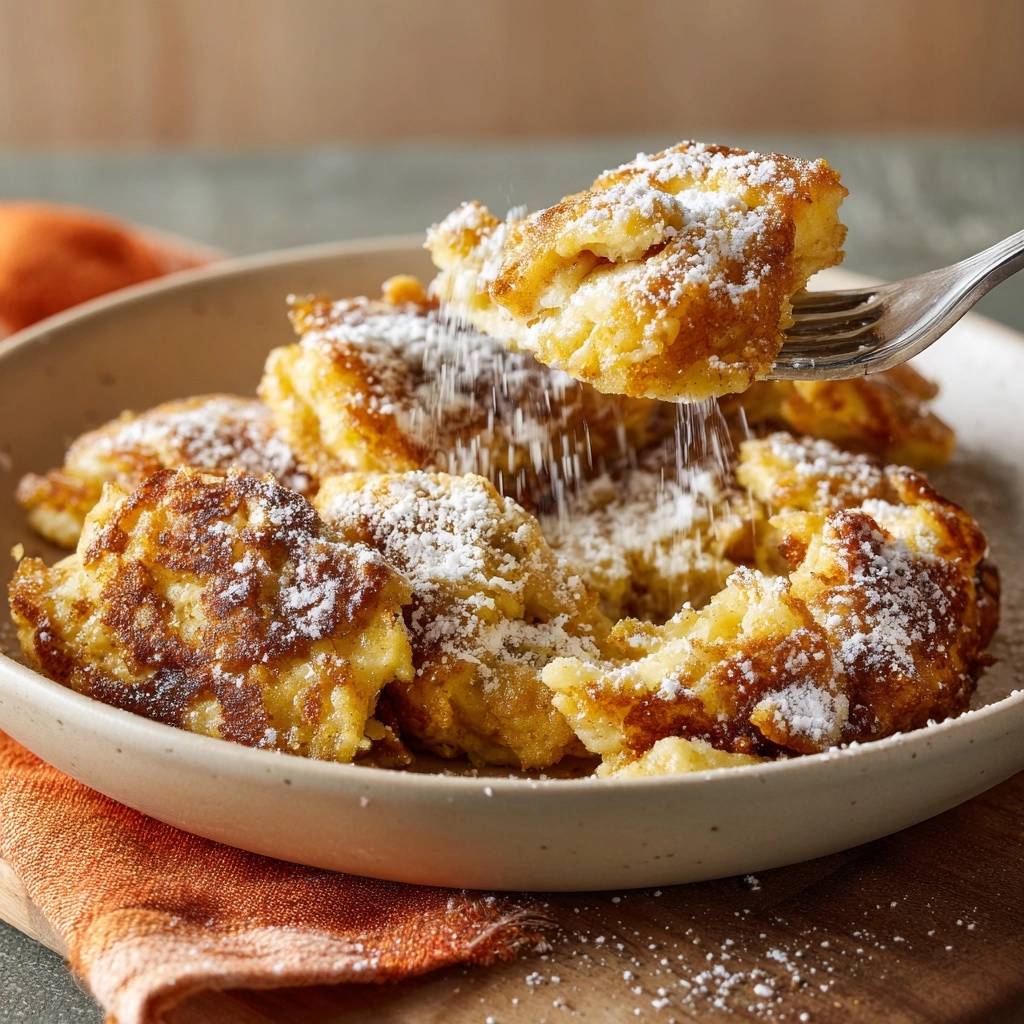 Fluffy sugared beignets being lifted from a bowl on a fork, dusted with powdered sugar.