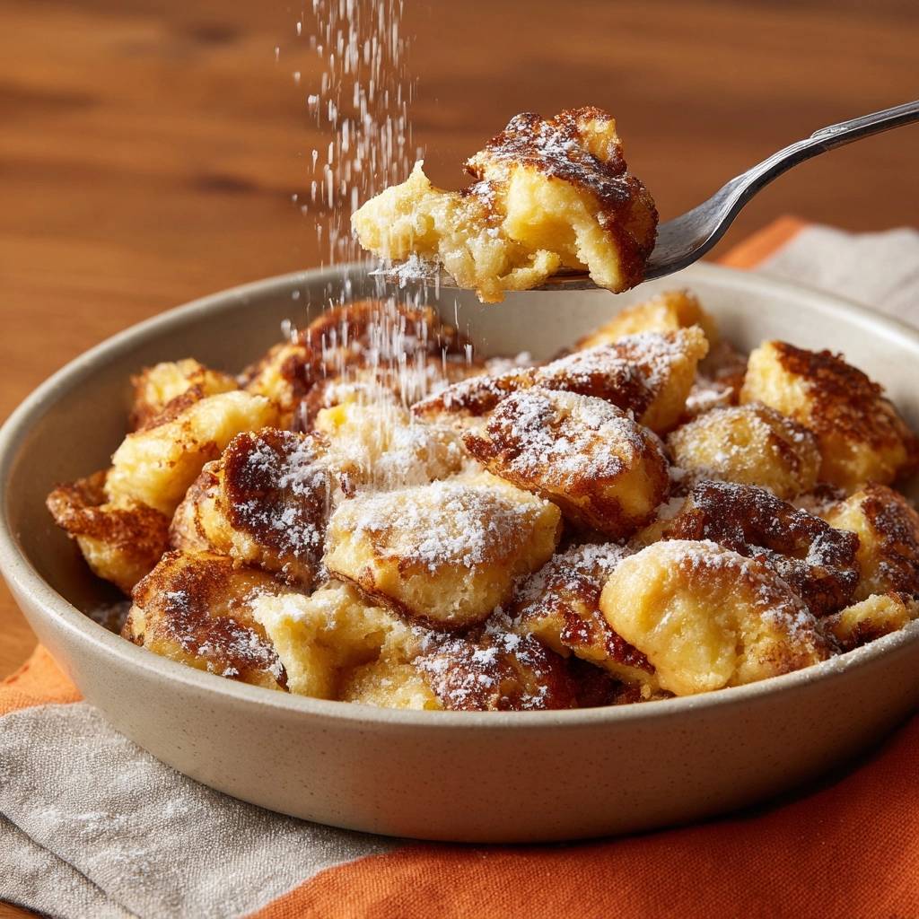 Fluffy sugared beignets dusted with powdered sugar, with a fork lifting a piece to show the texture.