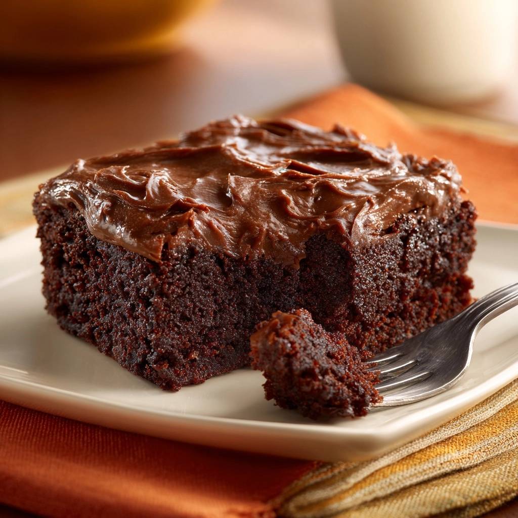 Frosted fudgy chocolate brownies with a fork taking a bite, revealing a dense crumb.