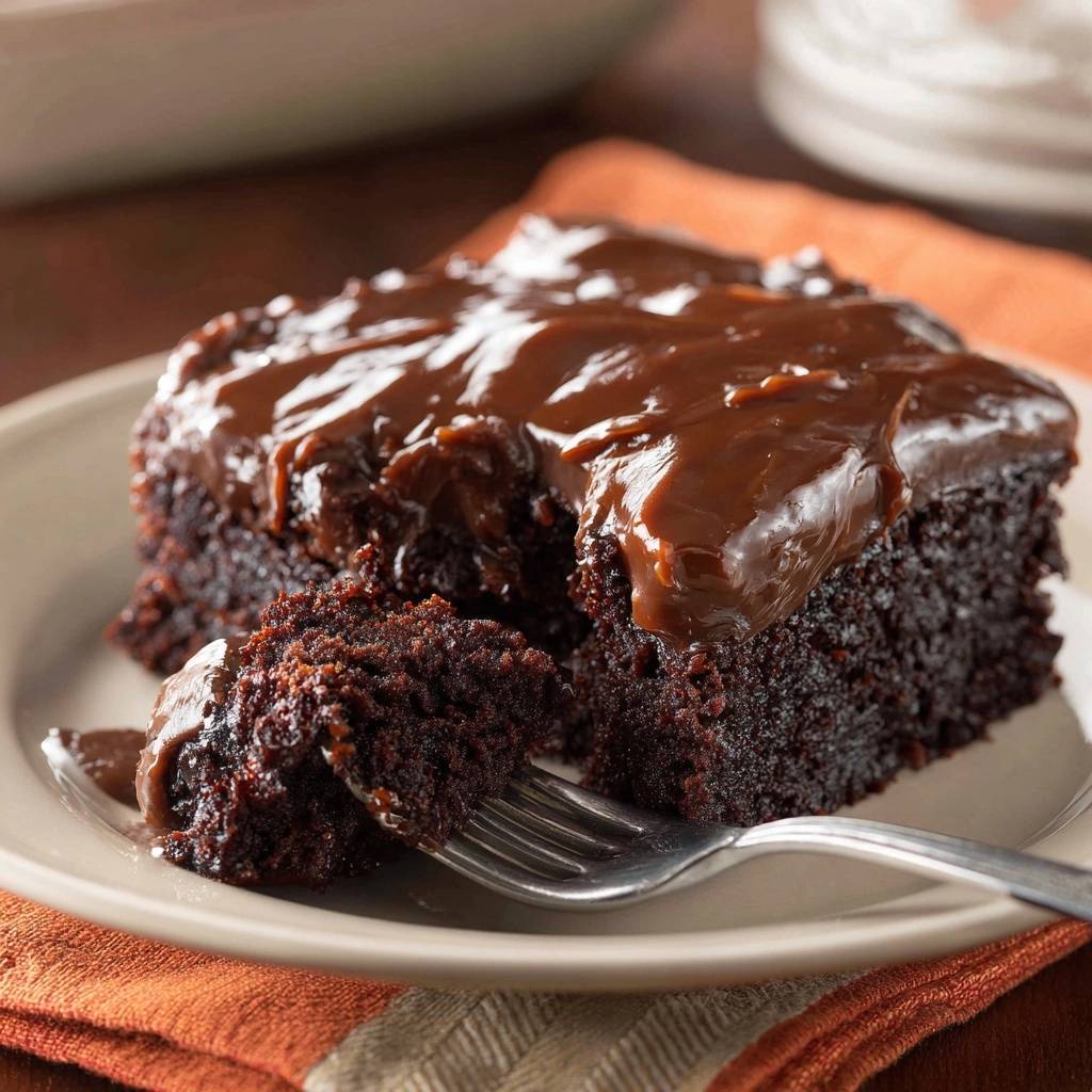 Frosted fudgy chocolate brownies showing a dense crumb cross-section with a fork taking a bite.