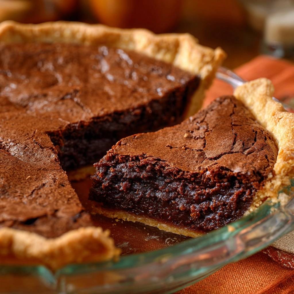 Fudgy brownie pie with a flaky crust, shown in a close-up cross-section revealing its rich interior.
