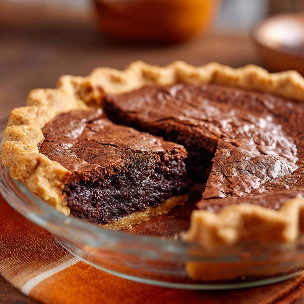 Fudgy brownie pie with flaky crust shown in a close-up cross-section revealing its rich chocolate interior.