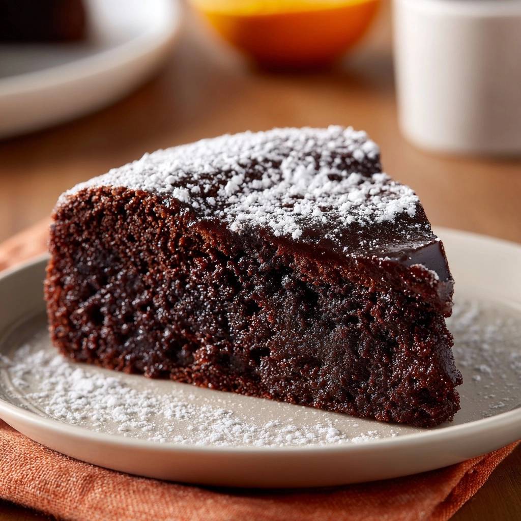 Fudgy chocolate ganache cake slice dusted with powdered sugar on a plate.