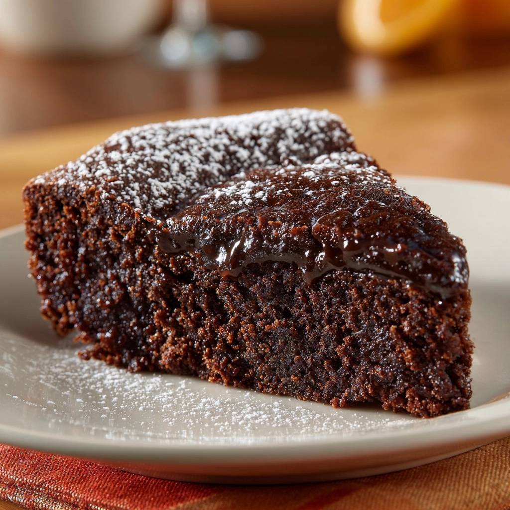 Fudgy chocolate ganache cake slice dusted with powdered sugar and drizzled with ganache on a plate.