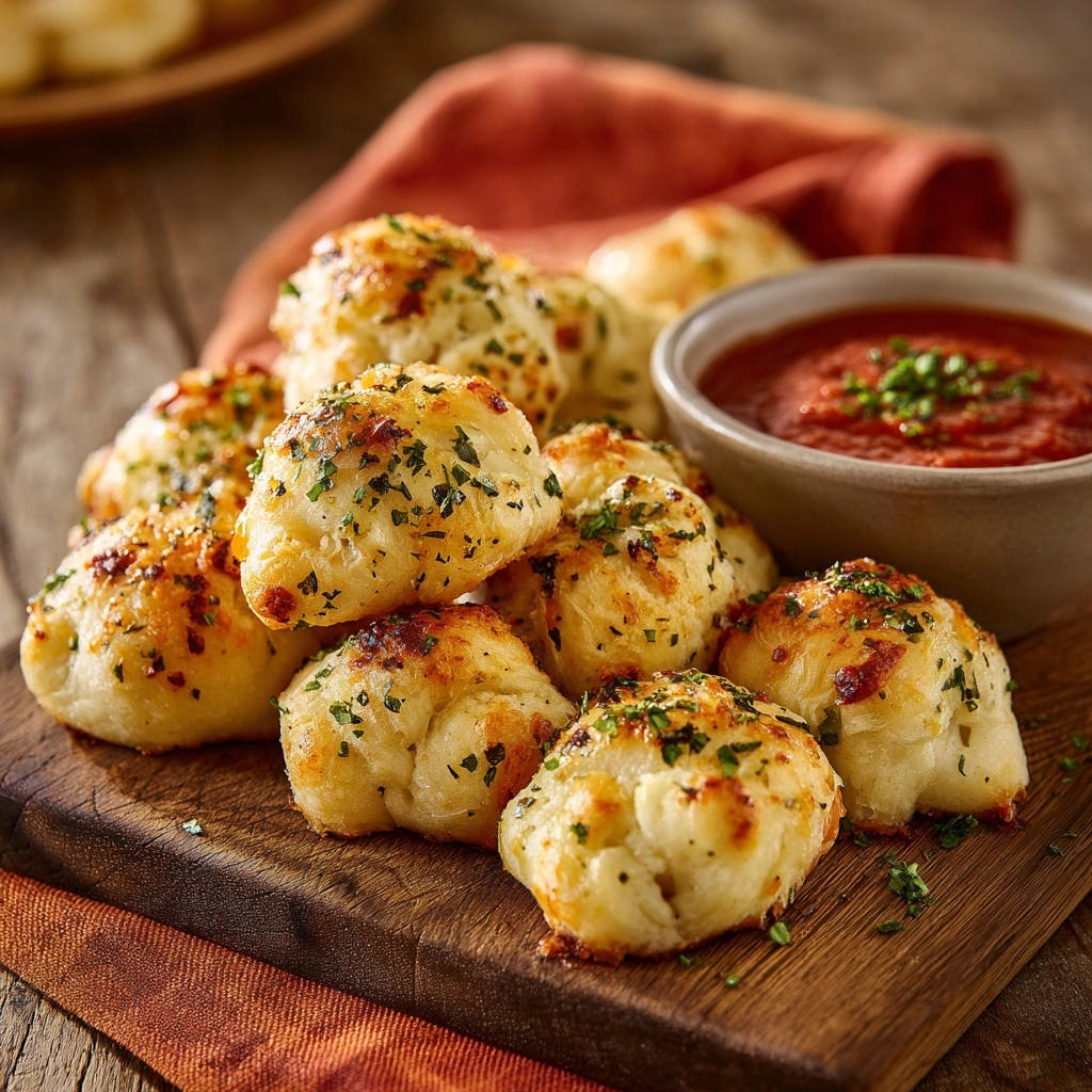 Ultimate 20-Minute Garlic Knots with a fresh, herby garlic topping served with marinara sauce
