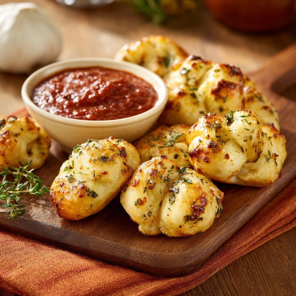 Ultimate 20-minute garlic knots served warm with a side of marinara dipping sauce on a wooden board.