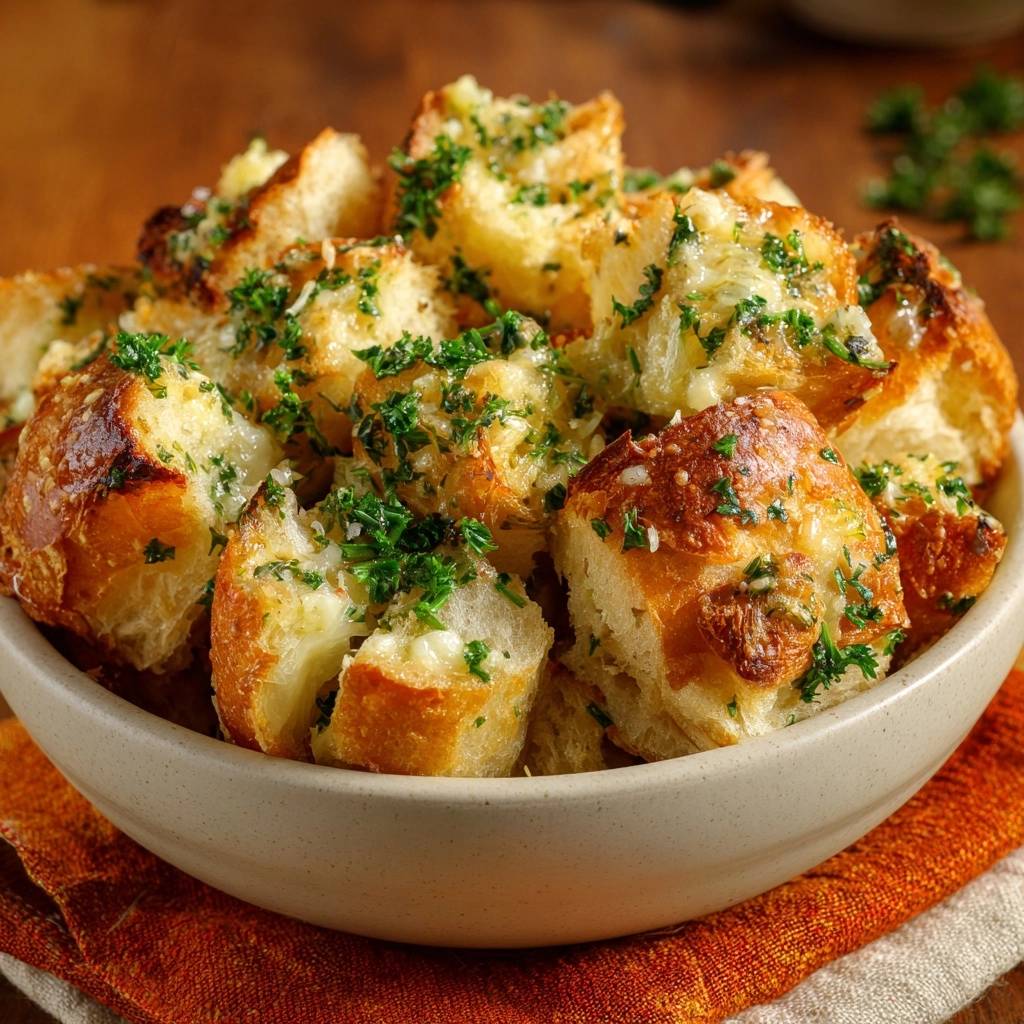 Crispy Garlic Parsley Croutons served in a bowl, showcasing a close-up view of the golden-brown bread pieces with fresh green parsley.