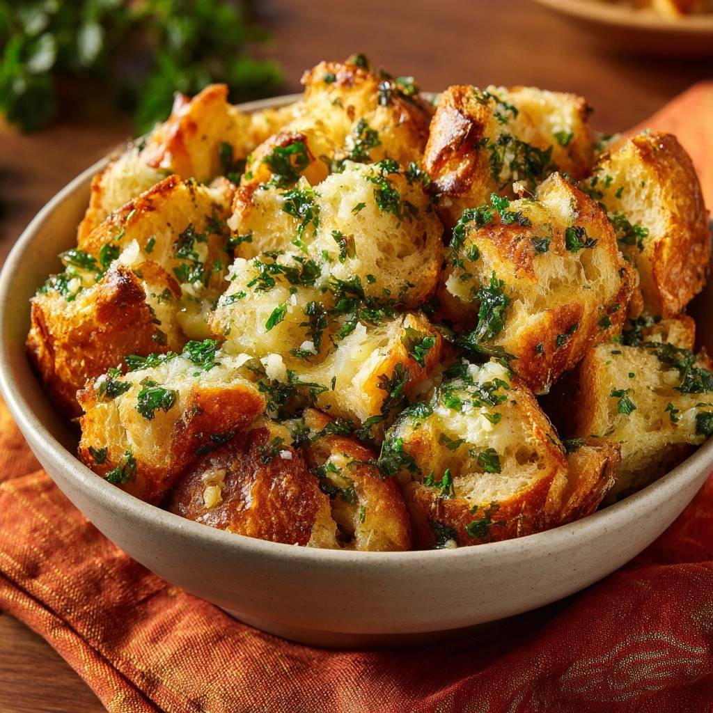 Crispy garlic parsley croutons shown in a bowl, generously seasoned with fresh herbs and garlic.