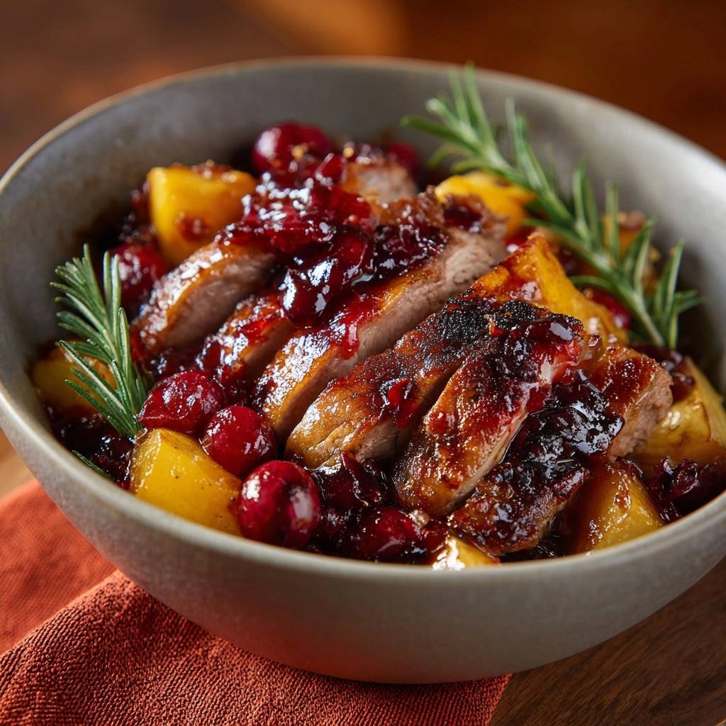 Glazed duck breast with cherry pineapple compote, sliced and served in a bowl with a close-up view.