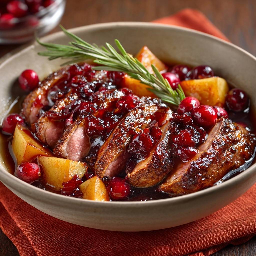 Glazed duck breast with cherry pineapple compote, sliced and served with fresh cranberries and rosemary.