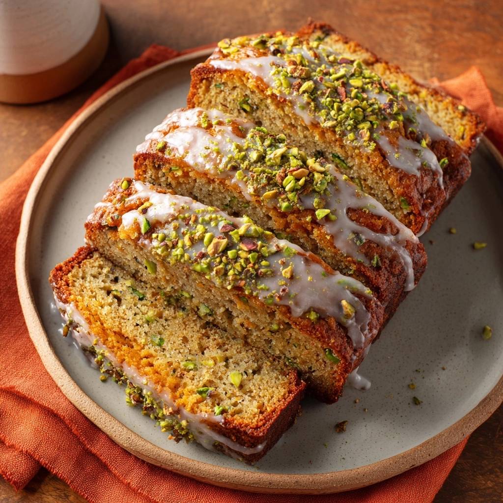 Glazed pistachio zucchini bread sliced and presented on a plate, showcasing its moist interior and pistachio topping.