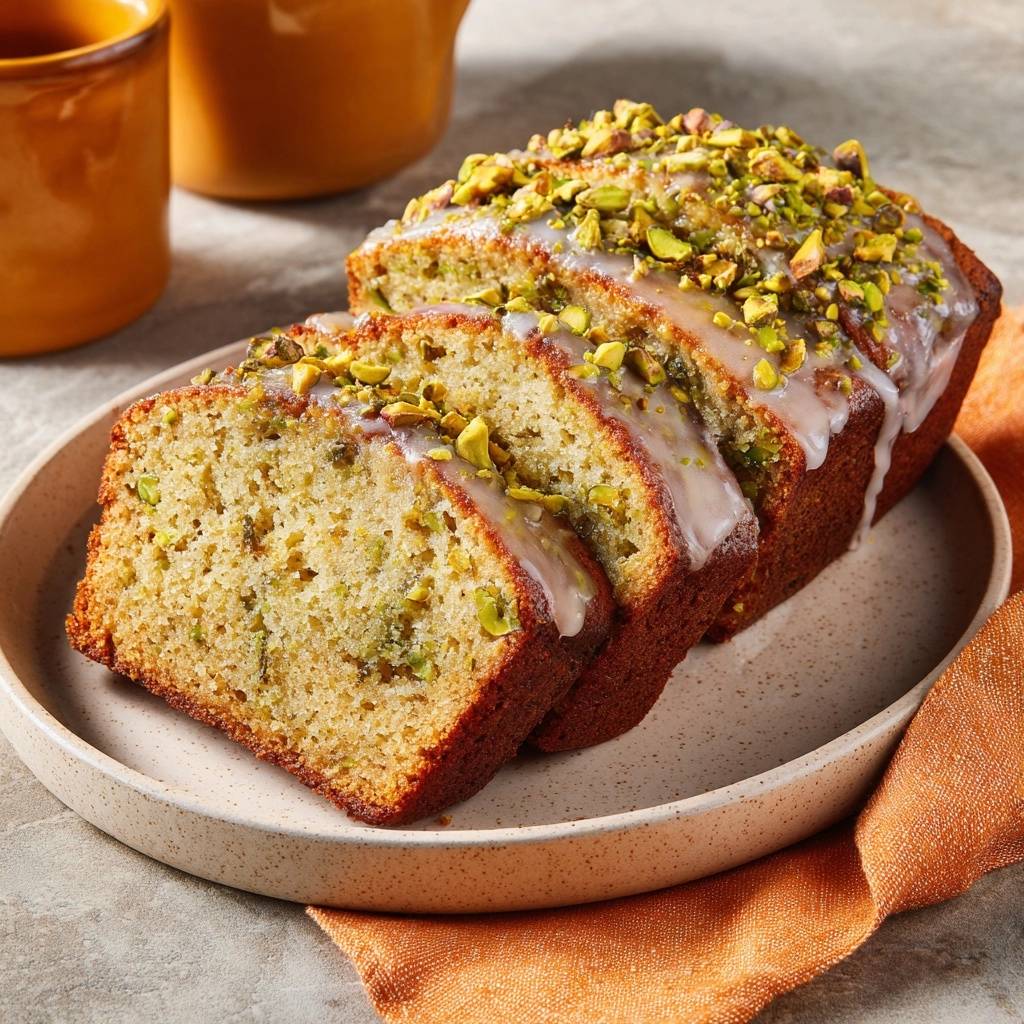 Glazed pistachio zucchini bread sliced and topped with chopped pistachios on a plate.