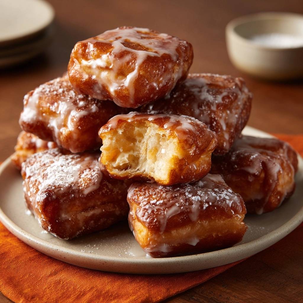 Glazed square donuts showing a fluffy interior cross-section, dusted with powdered sugar.