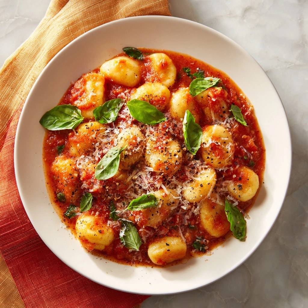 Gnocchi pomodoro in a white bowl, garnished with fresh basil and grated parmesan, presented in an overhead view.