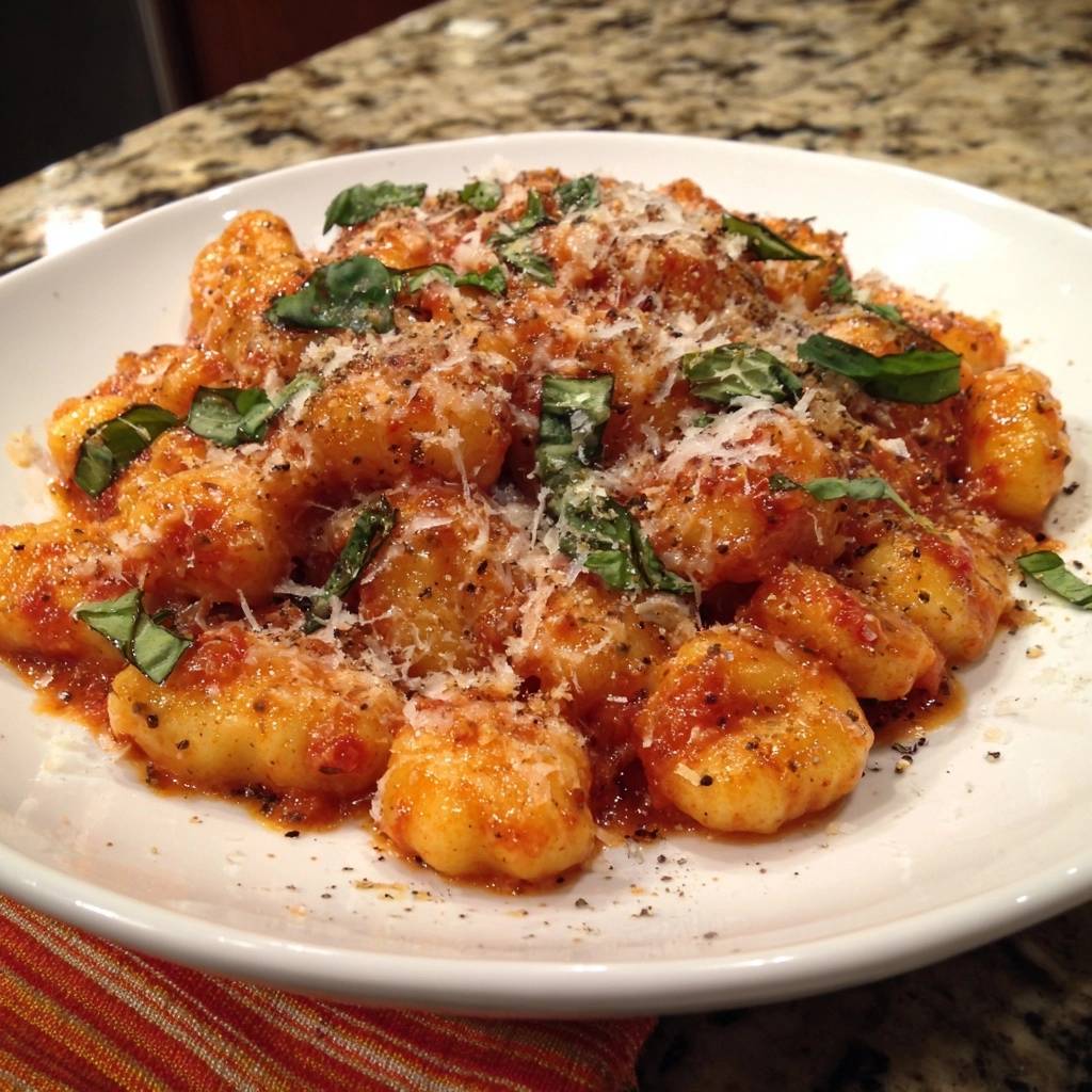 Gnocchi pomodoro plated with fresh basil and grated Parmesan cheese, showing the pillowy texture of the gnocchi.