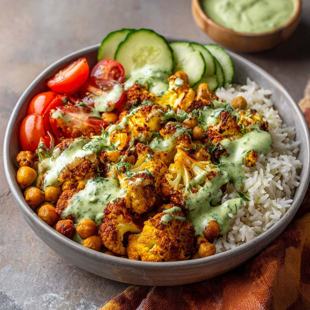 Golden roasted cauliflower and chickpea bowl drizzled with creamy green sauce and served with rice, tomatoes, and cucumber.