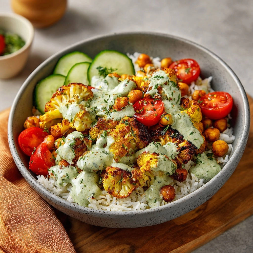 Golden roasted cauliflower and chickpea bowl with rice, cucumber, and tomatoes, drizzled with green sauce.