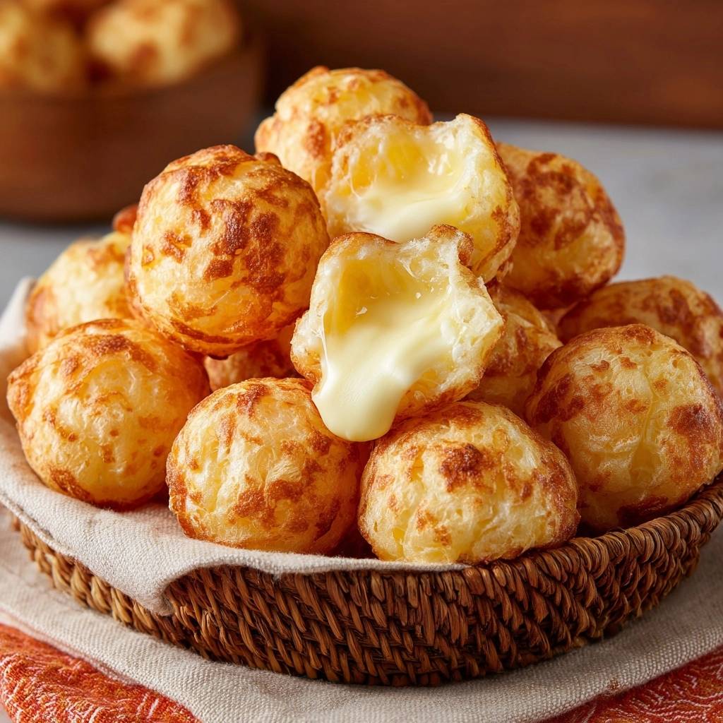 Gooey Brazilian cheese balls with a melty interior cross-section, showing the crispy outside and soft, cheesy center.