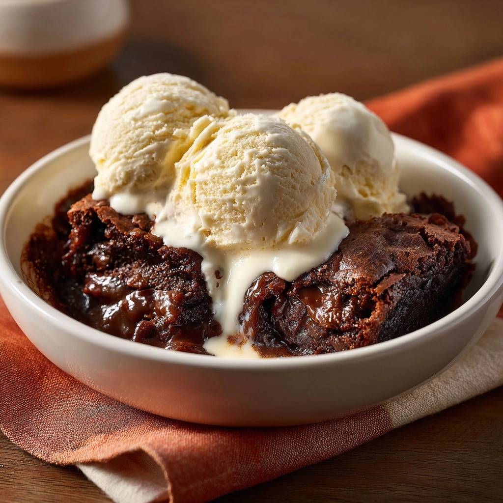 Gooey chocolate brownie bowls topped with melting scoops of vanilla ice cream in a white bowl.