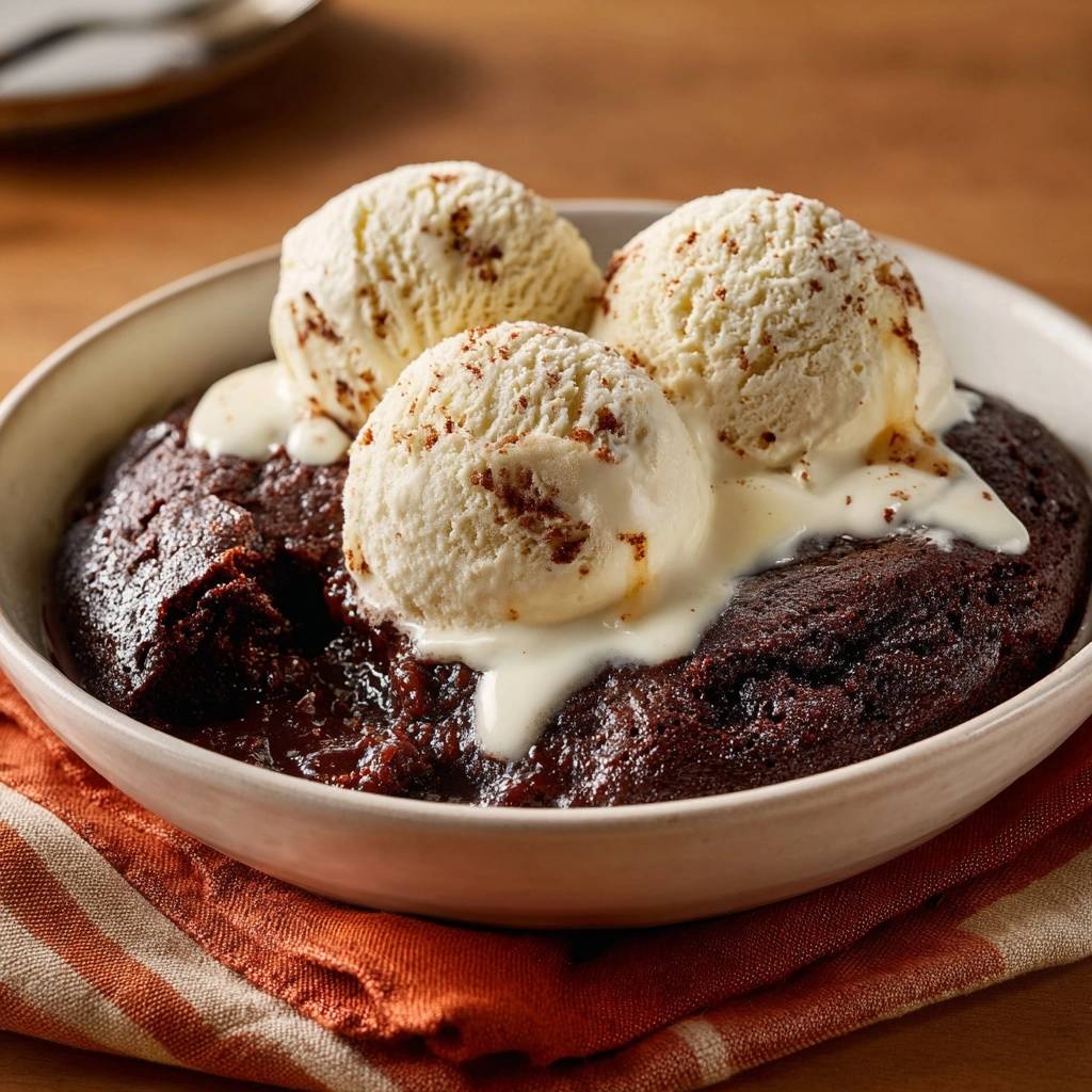 Gooey chocolate brownie bowls topped with three scoops of melting vanilla ice cream and a dusting of cocoa.
