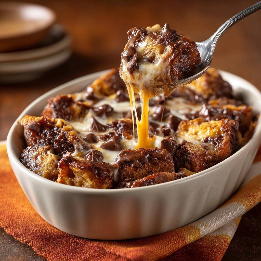 Gooey chocolate cheese bread pudding with a spoonful being lifted, showing melted cheese strands.