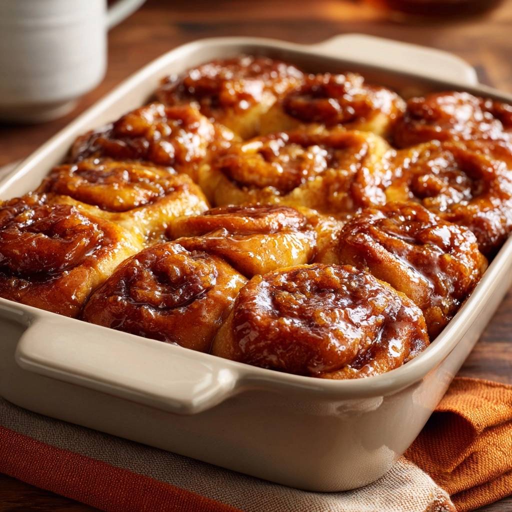 Gooey pecan sticky buns with tangzhong magic baked and glistening in a light tan baking dish.