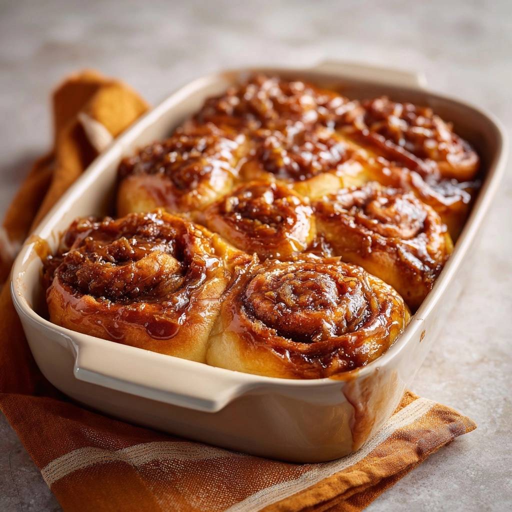 Gooey pecan sticky buns with Tangzhong magic baked in a casserole dish, showing a close-up view of the glistening tops.